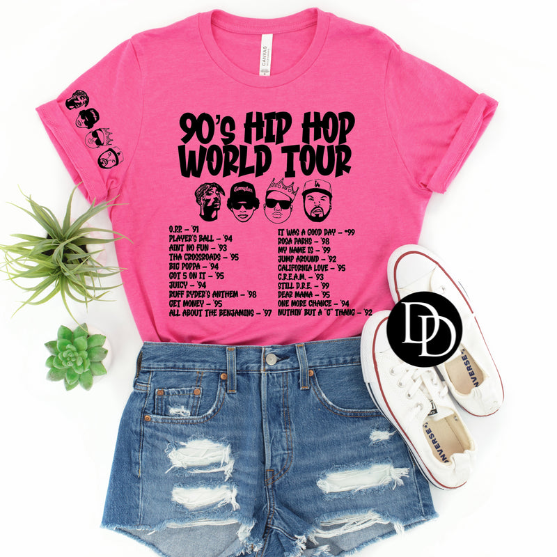 90s Hip Hop World Tour With Sleeve Accent  (Black Ink) - NOT RESTOCKING - *Screen Print Transfer*
