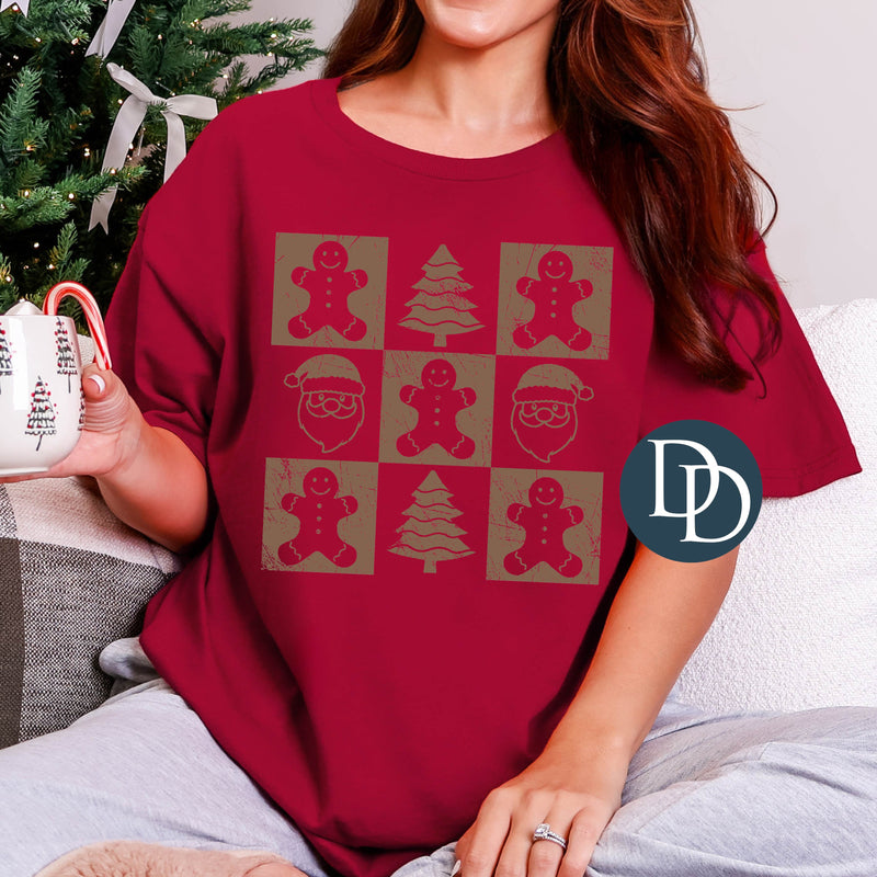 Checkered Christmas Characters (Doe Brown Ink) *Screen Print Transfer*