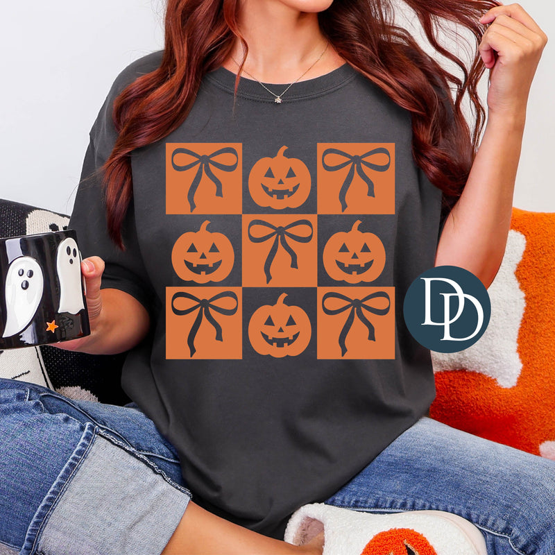 Checkered Jack-O-Lantern Bows (Bright Orange Ink) *Screen Print Transfer*
