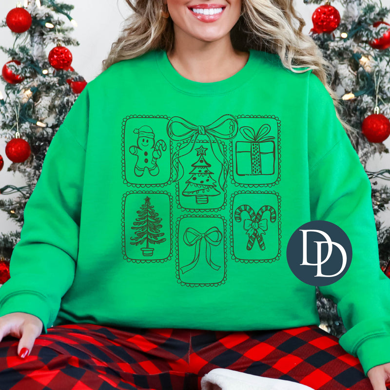 Christmas Stamp Collage And Bow (Hunter Green Ink) - NOT RESTOCKING - *Screen Print Transfer*