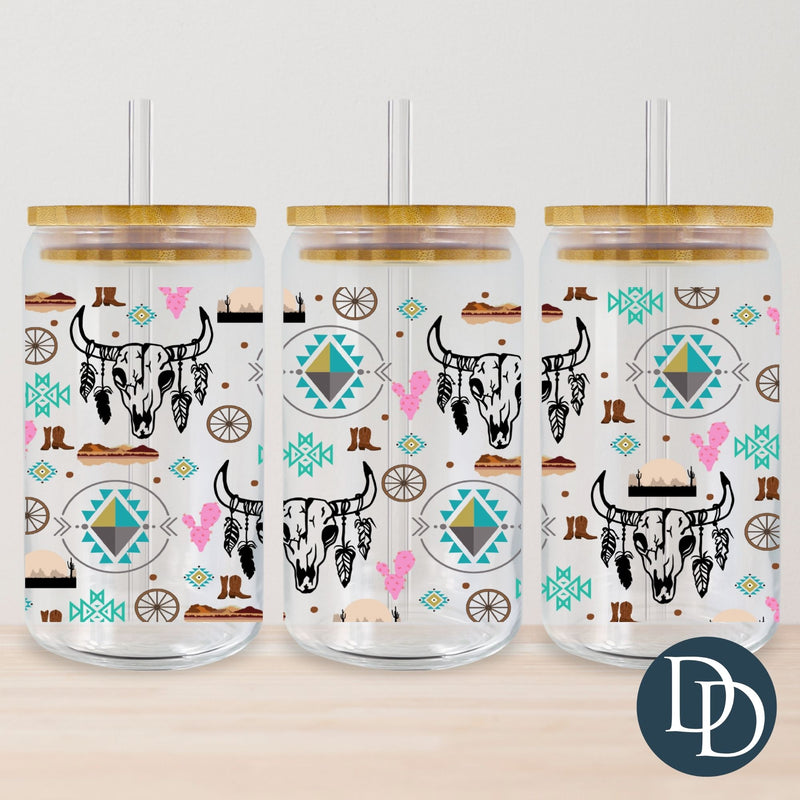 Cow Skull Aztec Wagon Wheel Scene *UV DTF Cup Wrap*