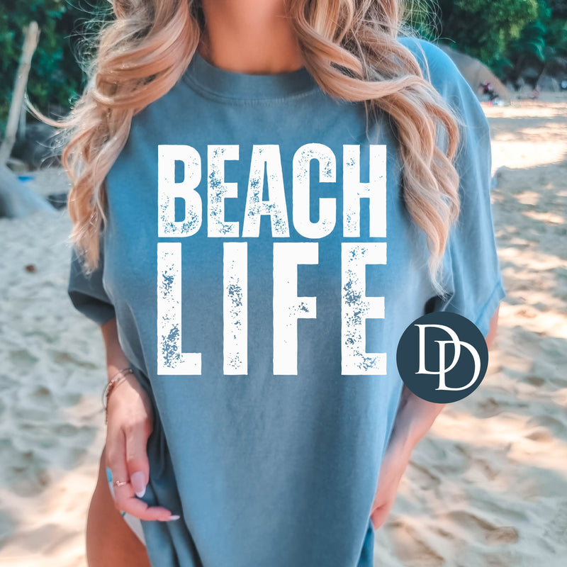 Distressed Beach Life Blocked (White Ink) *Screen Print Transfer*