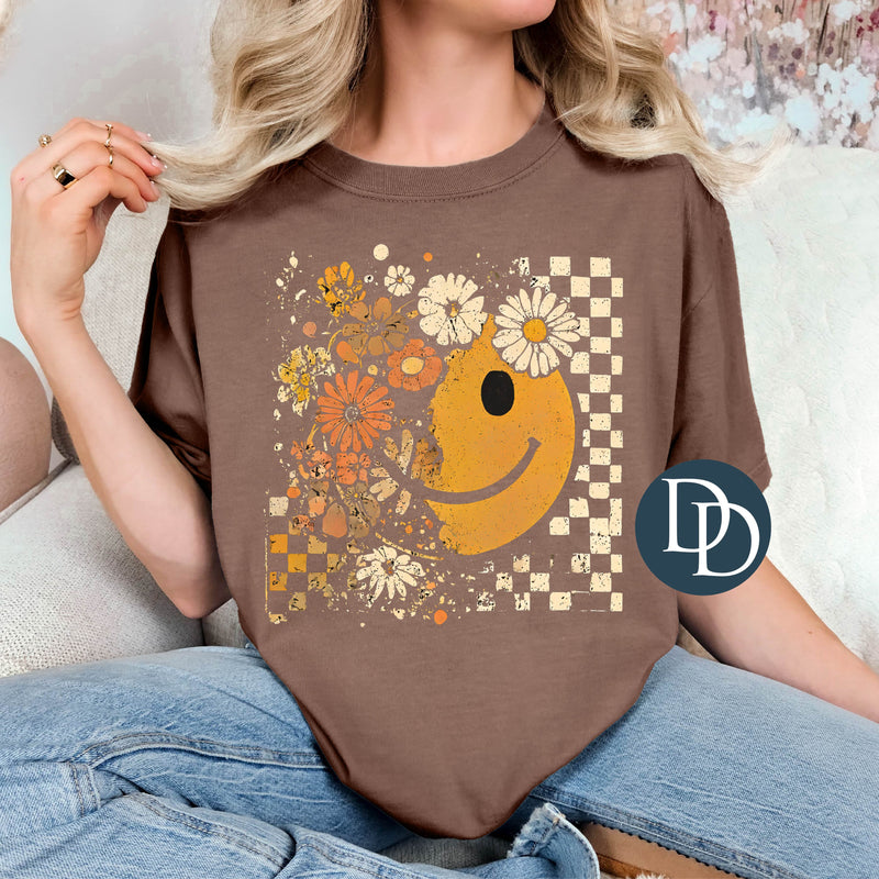 Distressed Grunge Checkered Flower Smiles *DTF Transfer*