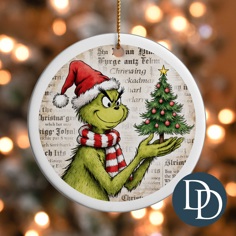 Grnch Holding A Christmas Tree Book Background *UV DTF Ornament Decal*