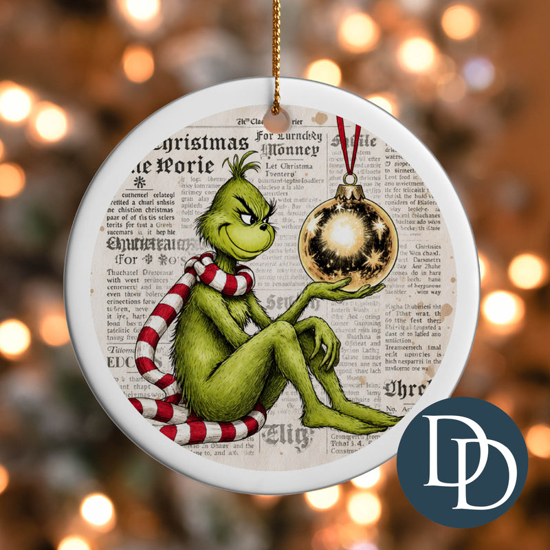 Grnch Holding Ornament Book Background *UV DTF Ornament Decal*