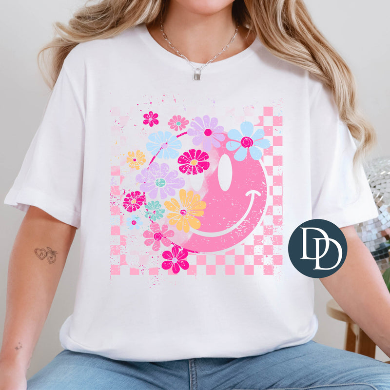 Grunge Checkered Flower Smile *DTF Transfer*