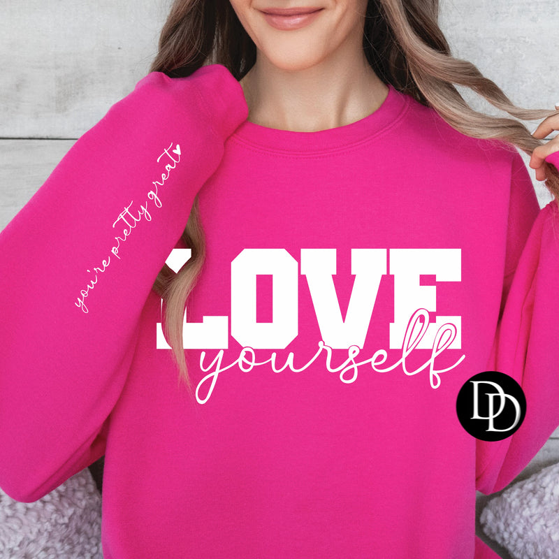 Love Yourself With Sleeve Accent (White Ink)  *Screen Print Transfer*