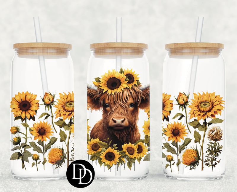 Sunflower Highland Cow UV DTF Cup Wrap