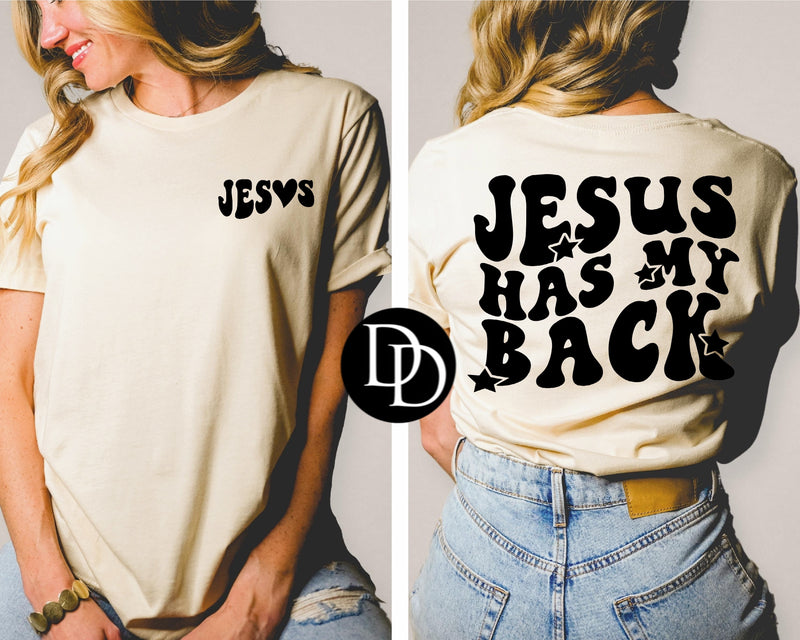 Jesus Has My Back Oversized  With Pocket Accent (Black Ink) *Screen Print Transfer*