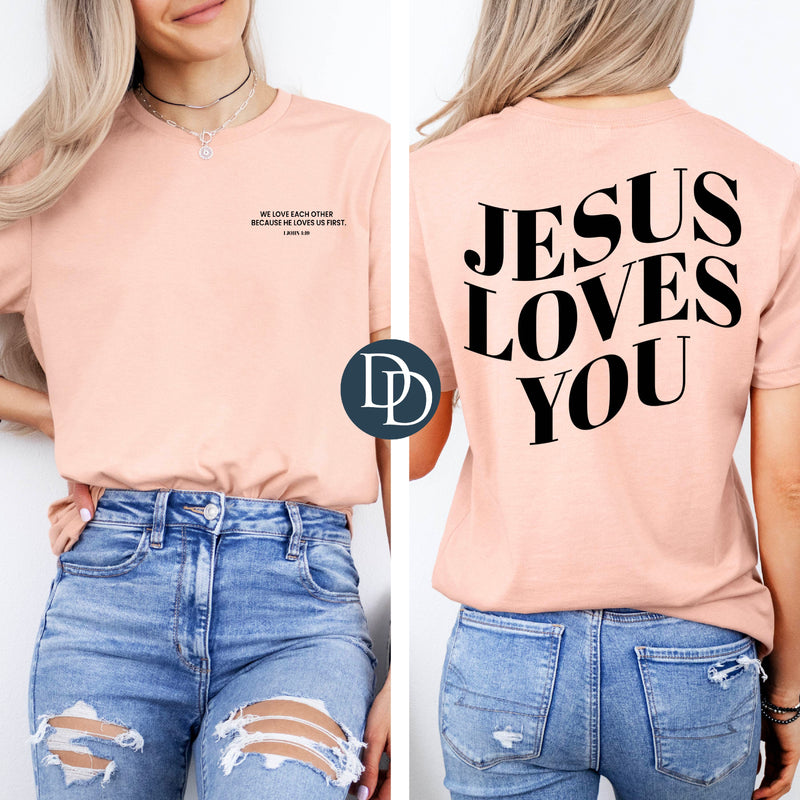 Jesus Loves You With Pocket Accent (Black Ink) *Screen Print Transfer*