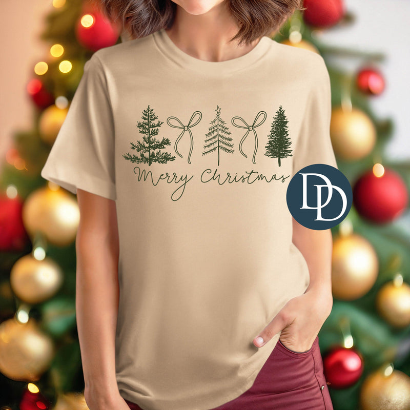 Merry Christmas Trees And Bows Script (Hunter Green Ink) *Screen Print Transfer*