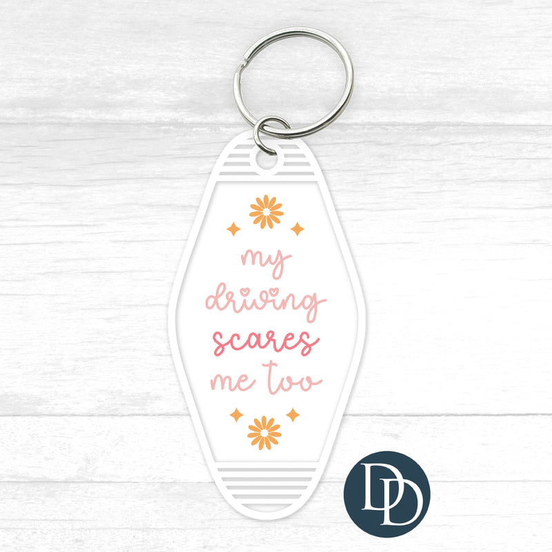 My Driving Scares Me Too Motel Keychain UV DTF Decal – Dapper Designs