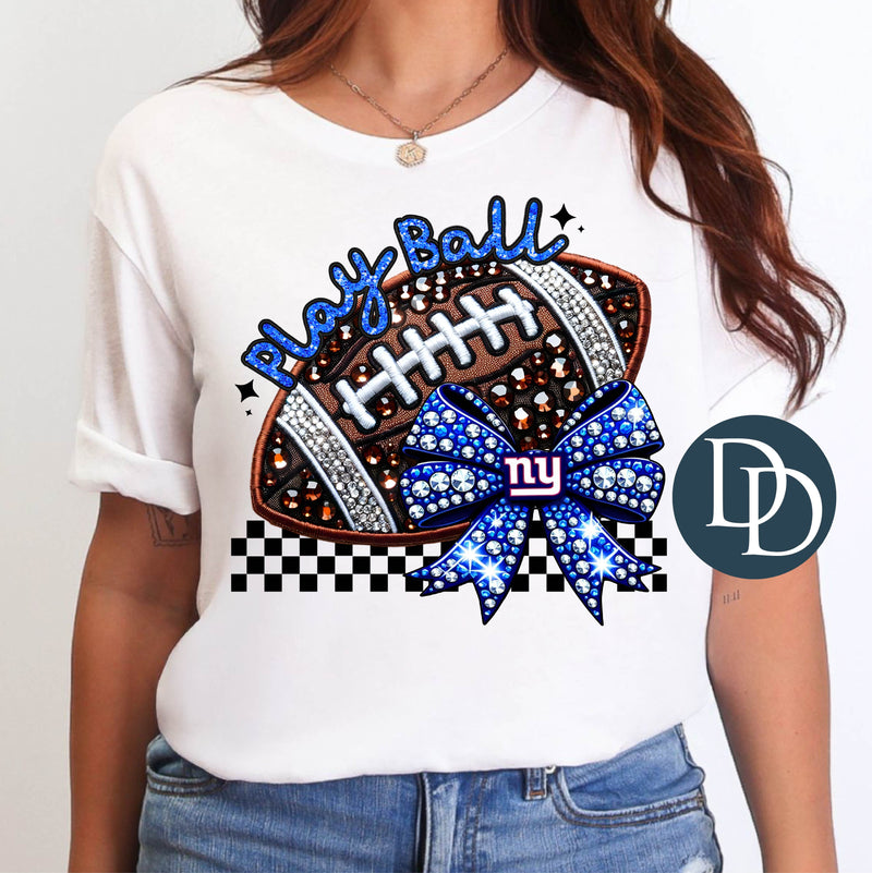 NYG Faux Rhinestone Football Bow *DTF Transfer*