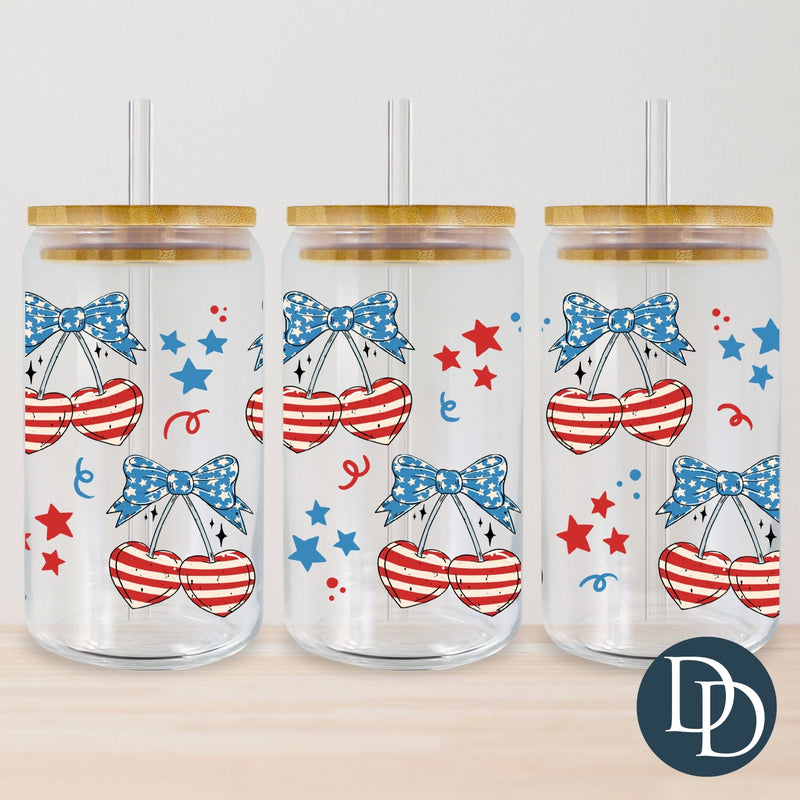 Patriotic Cherry Hearts Stars and Bows *UV DTF Cup Wrap*