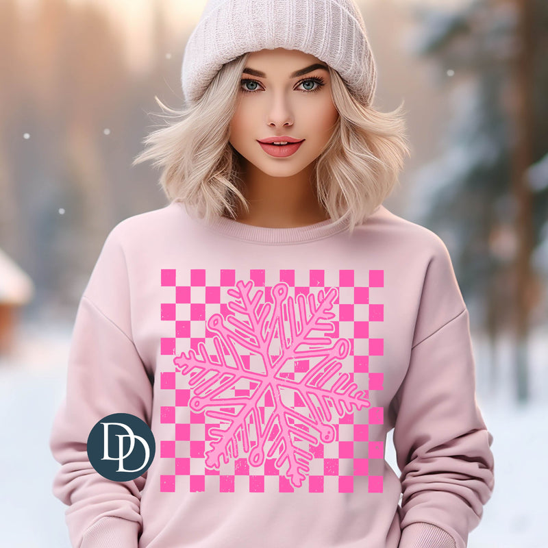 Pink Checkered Snowflake *DTF Transfer*