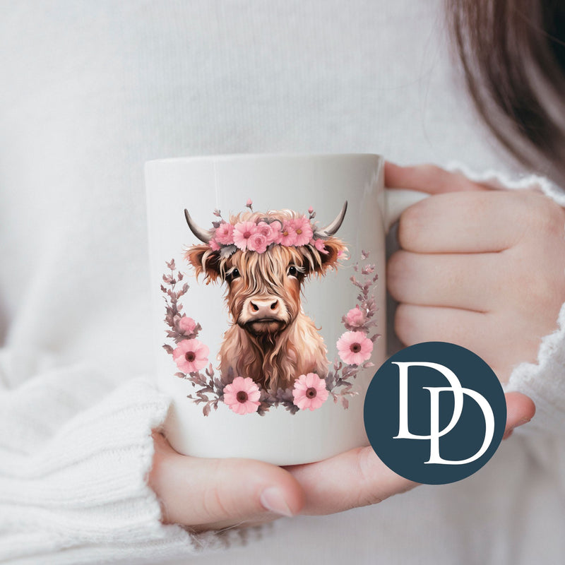 Pink Floral Highland Cow *UV DTF Mug Decals*