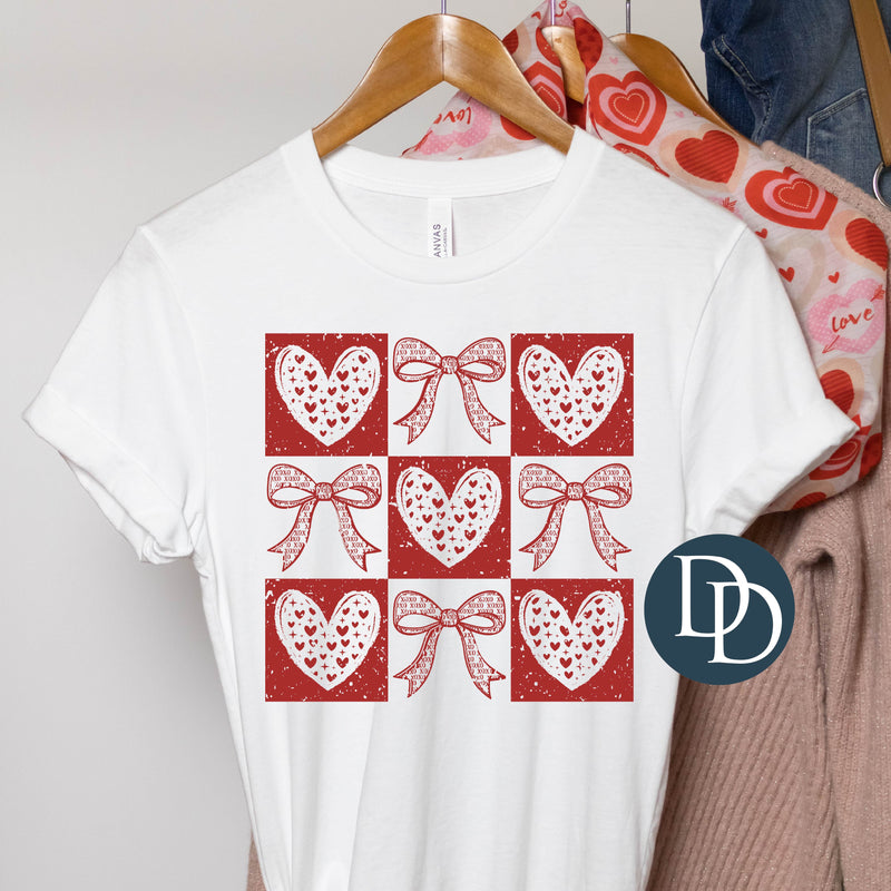 Retro Checkered Valentines Hearts And Bows (Red Ink) *Screen Print Transfer*
