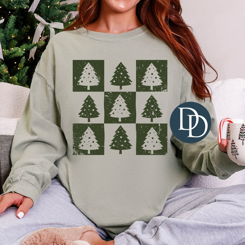 Retro Distressed Checkered Trees (Hunter Green Ink) *Screen Print Transfer*
