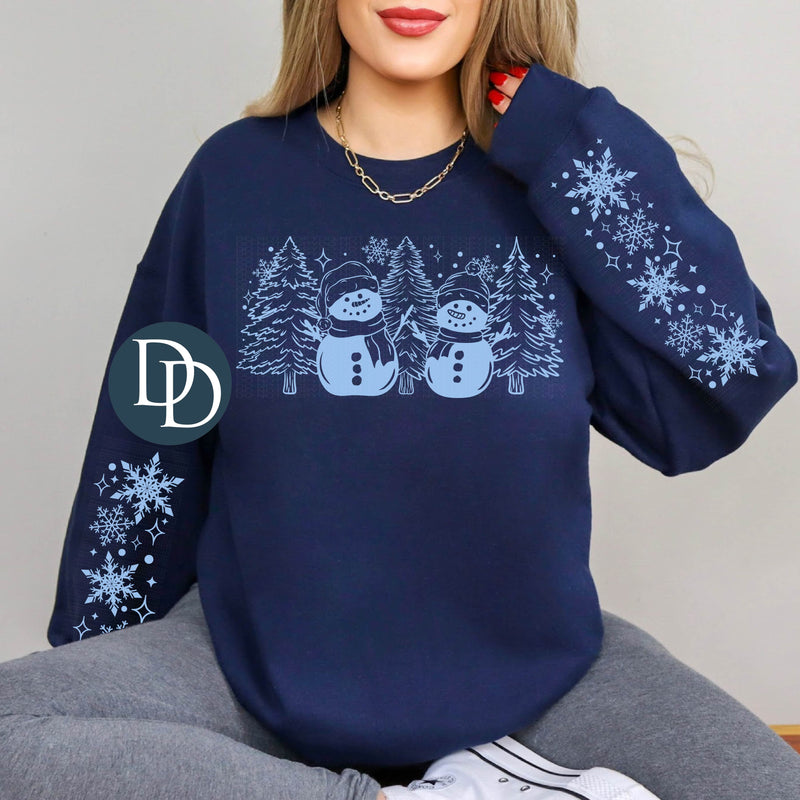 Snowmen Trees With Snowflake Sleeve Accents (Light Blue Ink) *Screen Print Transfer*