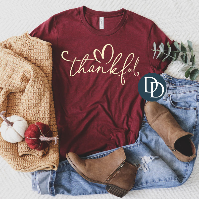 Thankful Script Heart (Cream Ink) - NOT RESTOCKING - *Screen Print Transfer*
