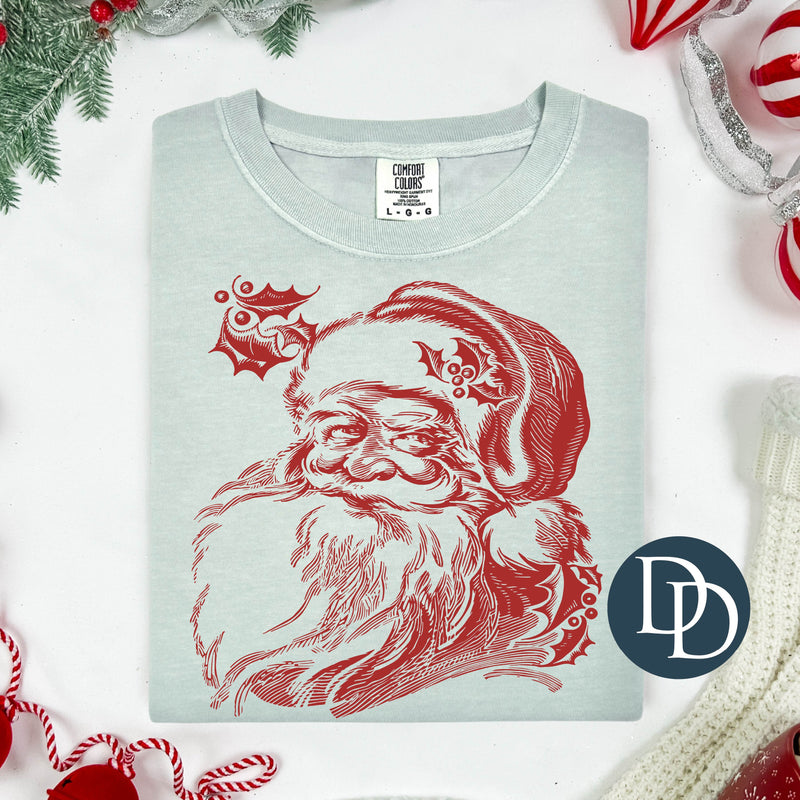 Traditional Santa Head And Holly (Red Ink) *Screen Print Transfer*