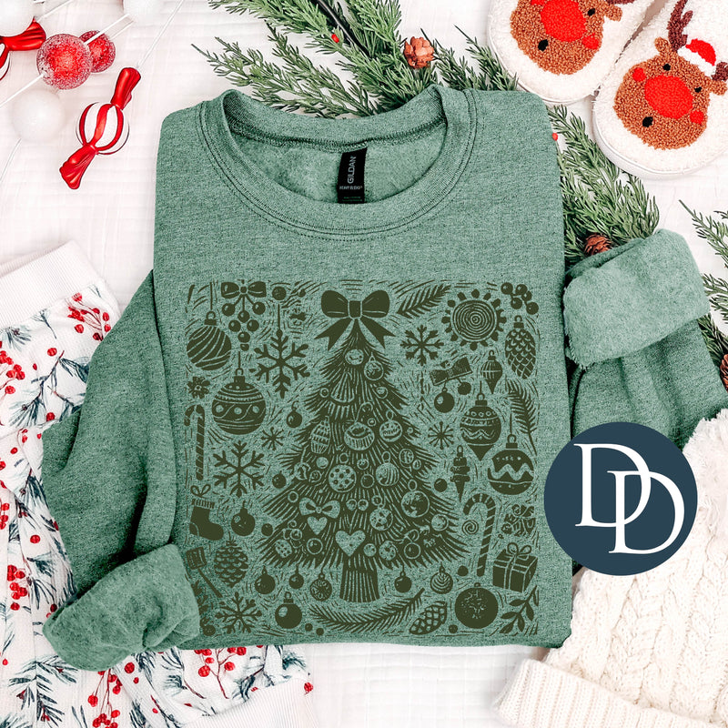 Vintage Christmas Tree And Ornaments (Hunter Green Ink) *Screen Print Transfer*