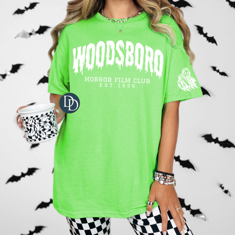 Oversized Woodsboro Horror With Sleeve Accent (White Ink) *Screen Print Transfer*