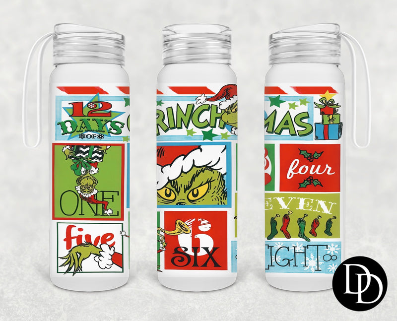 12 days of Grinchmas 500 ml Frosted Glass Water Bottle